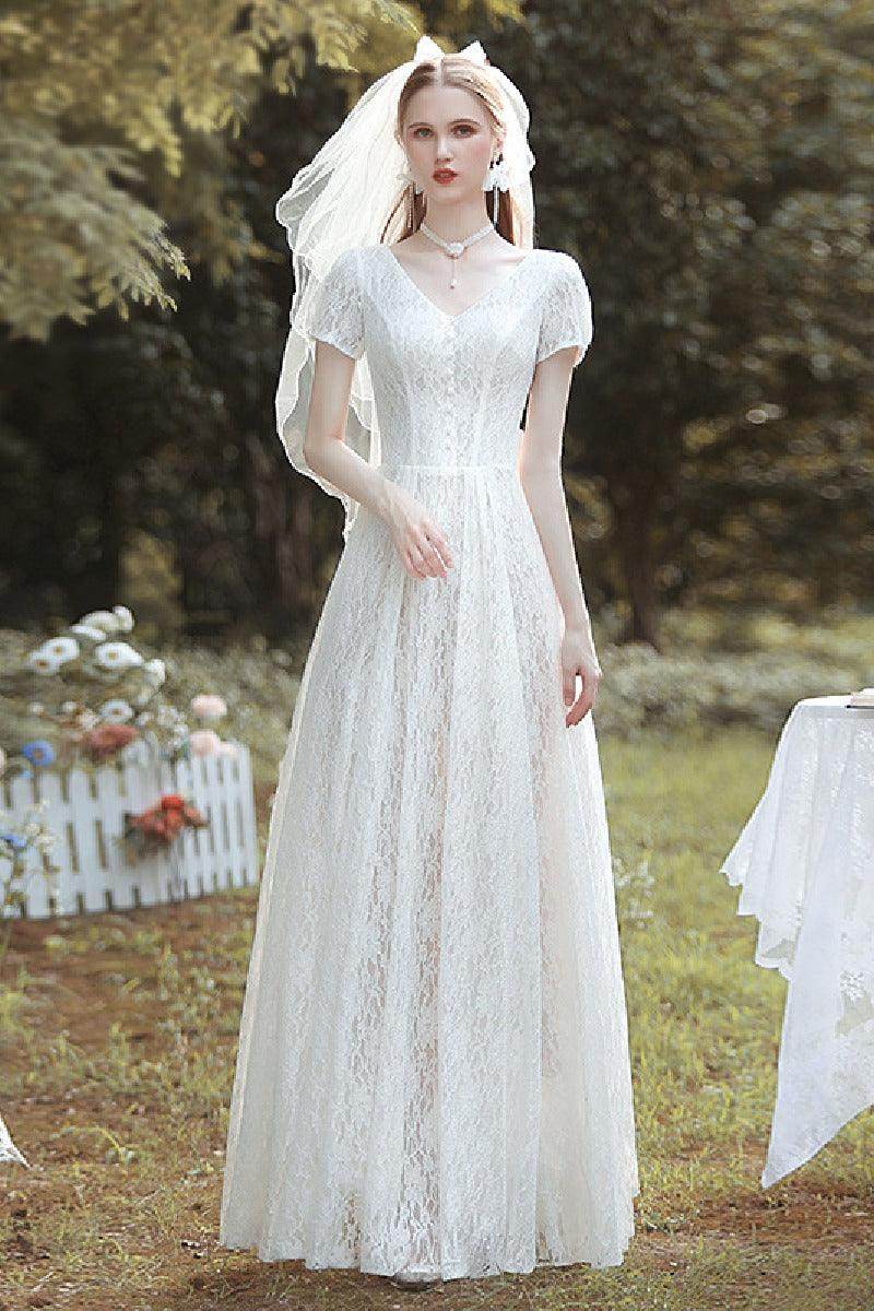 A-Line Floor Length Lace Wedding Dress 660344408093 - COCOMELODY